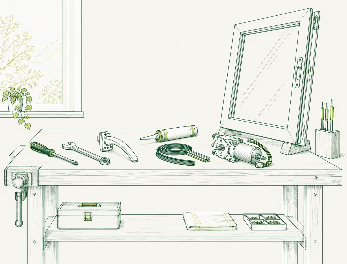 Illustration d'un établi d'artisan avec outils de réparation de fenêtres et volets